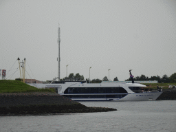 The Antonio Bellucci boat at the Vluchthaven harbour, viewed from the Seal Safari boat on the Zijpe estuary