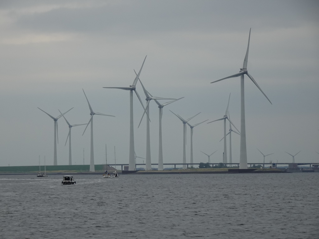 Windmills at the Krammersluizen sluices, viewed from the Seal Safari boat on the Krammer lake