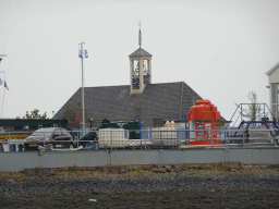 The Gereformeerde Kerk Bruinisse church, viewed from the Seal Safari boat in the Harbour of Bruinisse