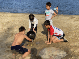 Max and his friends releasing jellyfish and crabs on a beach at the north side of the Grevelingendam