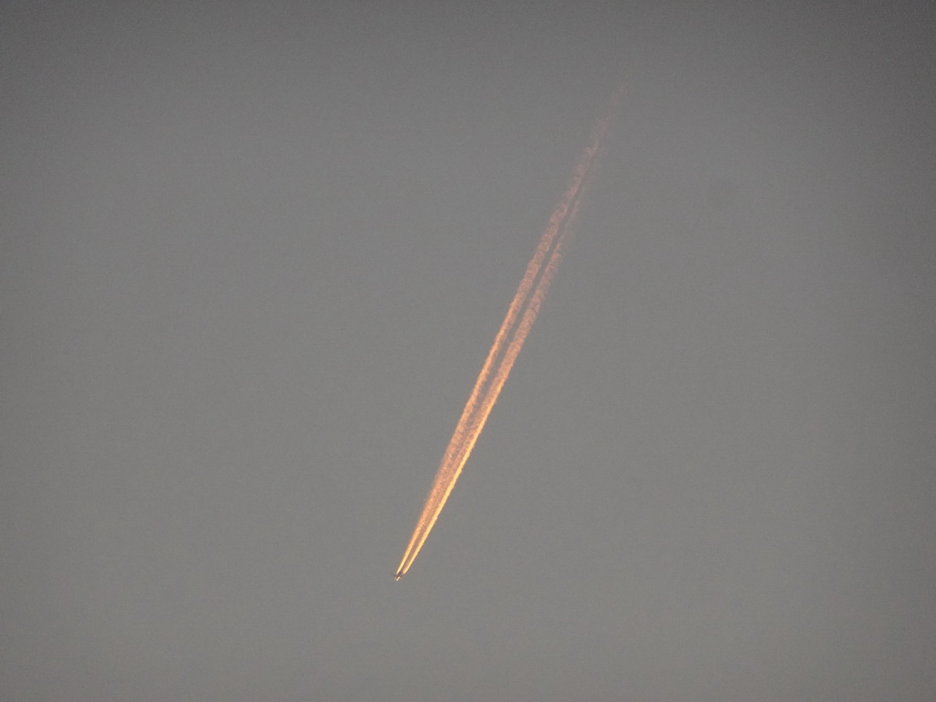 Airplane above a beach at the north side of the Grevelingendam, at sunset