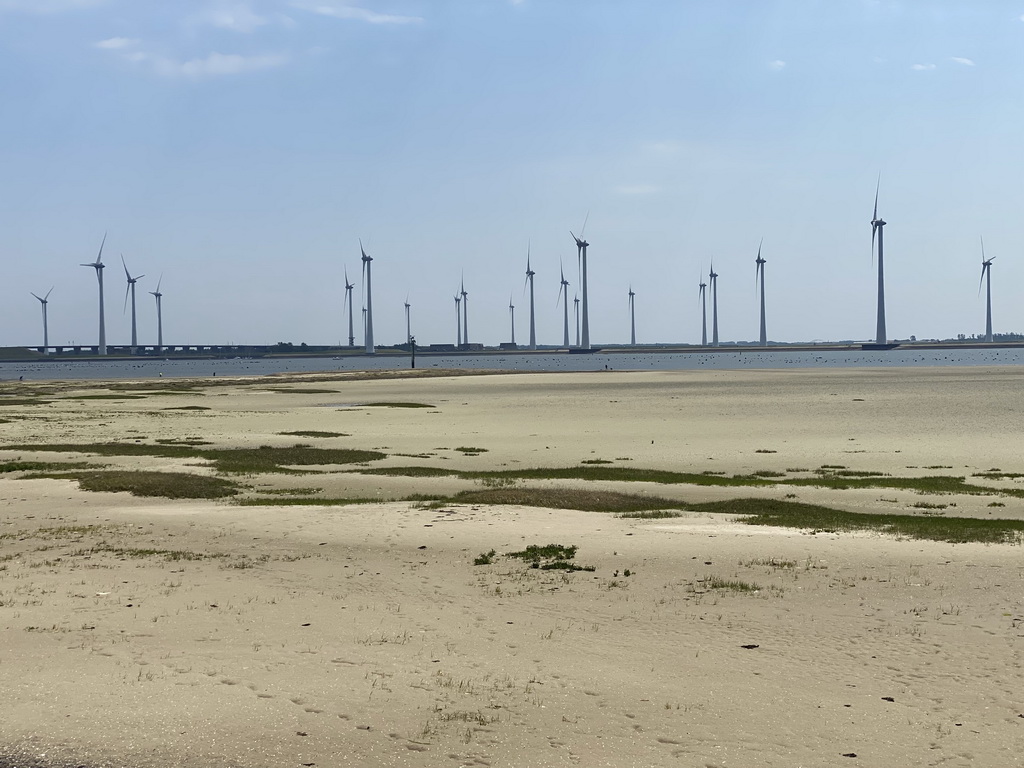 The beach at the south side of the Grevelingendam, the Krammer lake and windmills at the Krammersluizen sluices