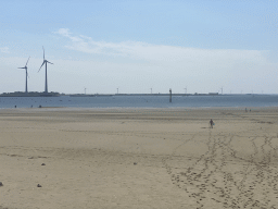 Miaomiao looking for seashells at the beach at the south side of the Grevelingendam, the Krammer lake and windmills at the Krammersluizen sluices, viewed from the playground of Restaurant Grevelingen