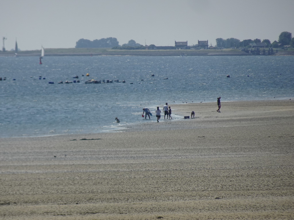 People looking for seashells at the beach at the south side of the Grevelingendam and the Krammer lake, viewed from the playground of Restaurant Grevelingen