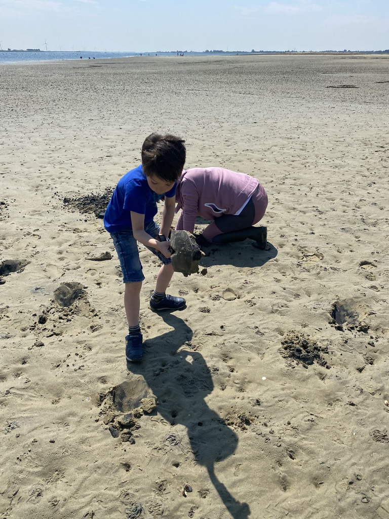 Miaomiao and Max looking for seashells at the beach at the south side of the Grevelingendam