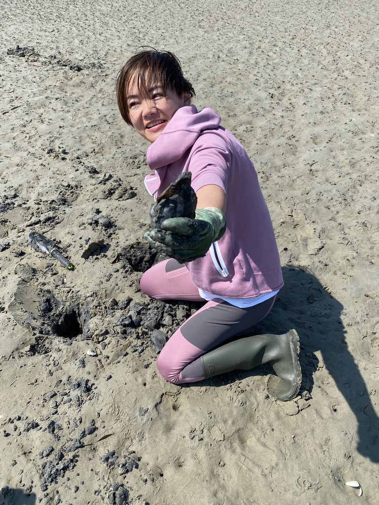 Miaomiao looking for seashells at the beach at the south side of the Grevelingendam