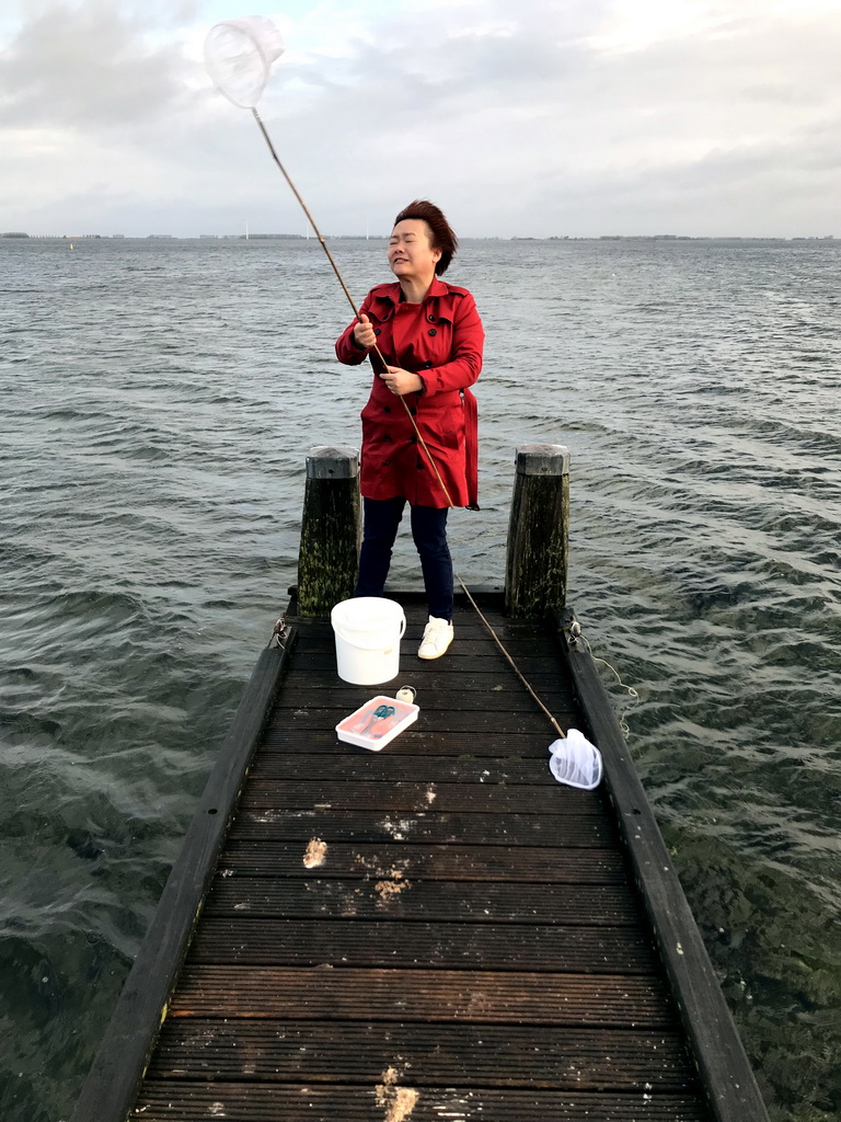 Miaomiao catching crabs on a pier at the northwest side of the Grevelingendam