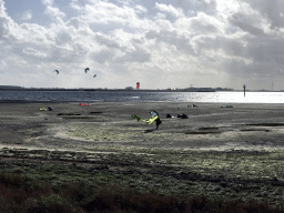 Kite surfers at the beach at the southeast side of the Grevelingendam