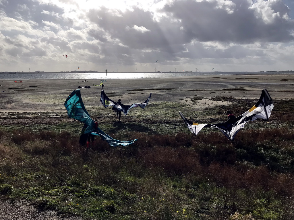 Kite surfers at the beach at the southeast side of the Grevelingendam