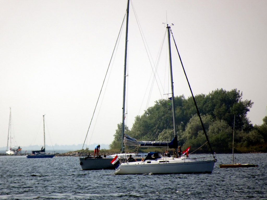 Boats on the Grevelingenmeer lake, viewed from a pier at the northwest side of the Grevelingendam