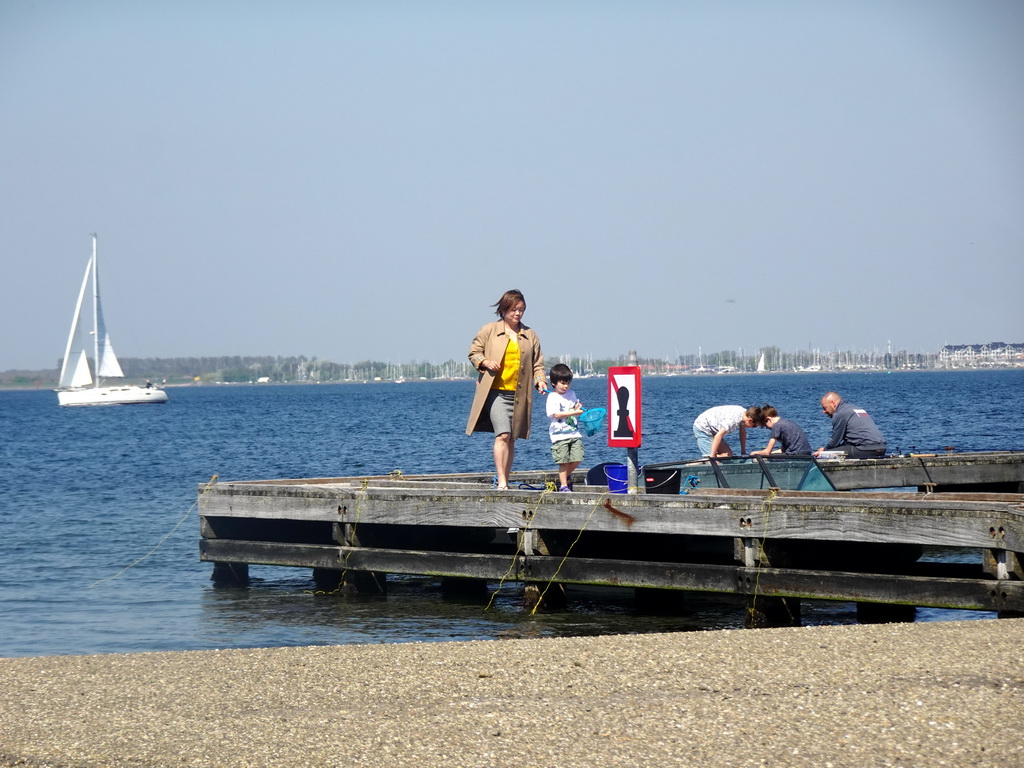 Miaomiao and Max catching crabs on a pier and a boat at the northwest side of the Grevelingendam