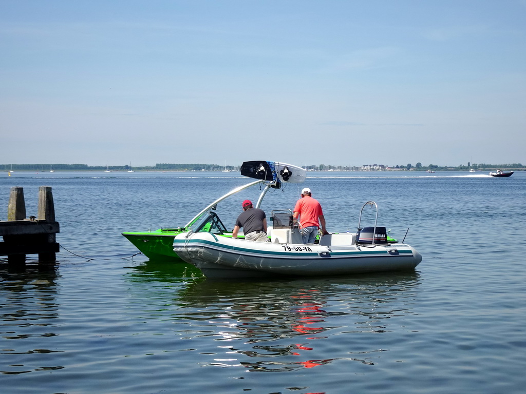 Boat on the Grevelingenmeer lake, viewed from the northwest side of the Grevelingendam