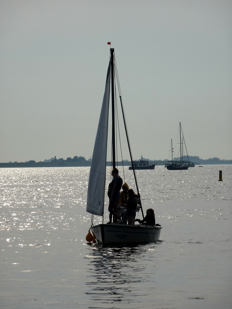 Boats on the Grevelingenmeer lake, viewed from the northwest side of the Grevelingendam