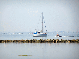 Boats in the Grevelingenmeer lake, viewed from the north side of the Grevelingendam