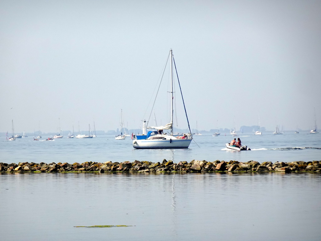 Boats in the Grevelingenmeer lake, viewed from the north side of the Grevelingendam