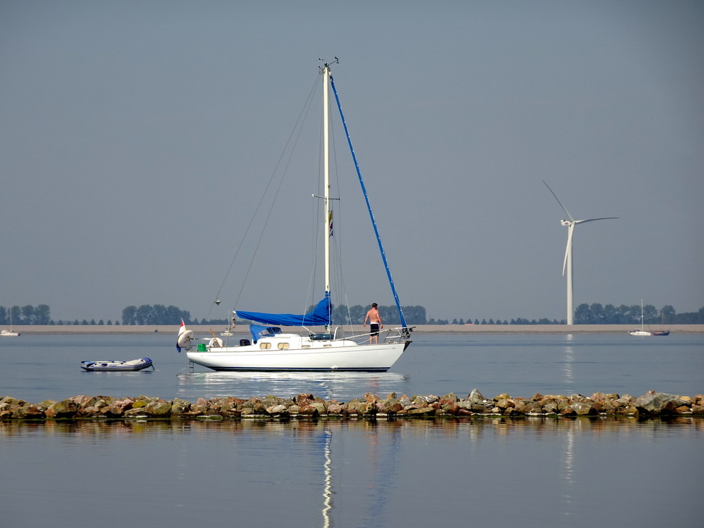 Boats in the Grevelingenmeer lake, viewed from the north side of the Grevelingendam