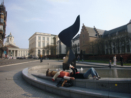 Fountain at the Mont des Arts hill and the Place Royale square with the equestrian statue of Godfrey of Bouillon and the Église Saint-Jacques-sur-Coudenberg church