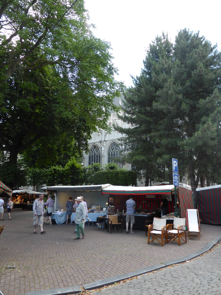 Market at the Place du Grand Sablon square, and the Église Notre-Dame du Sablon church