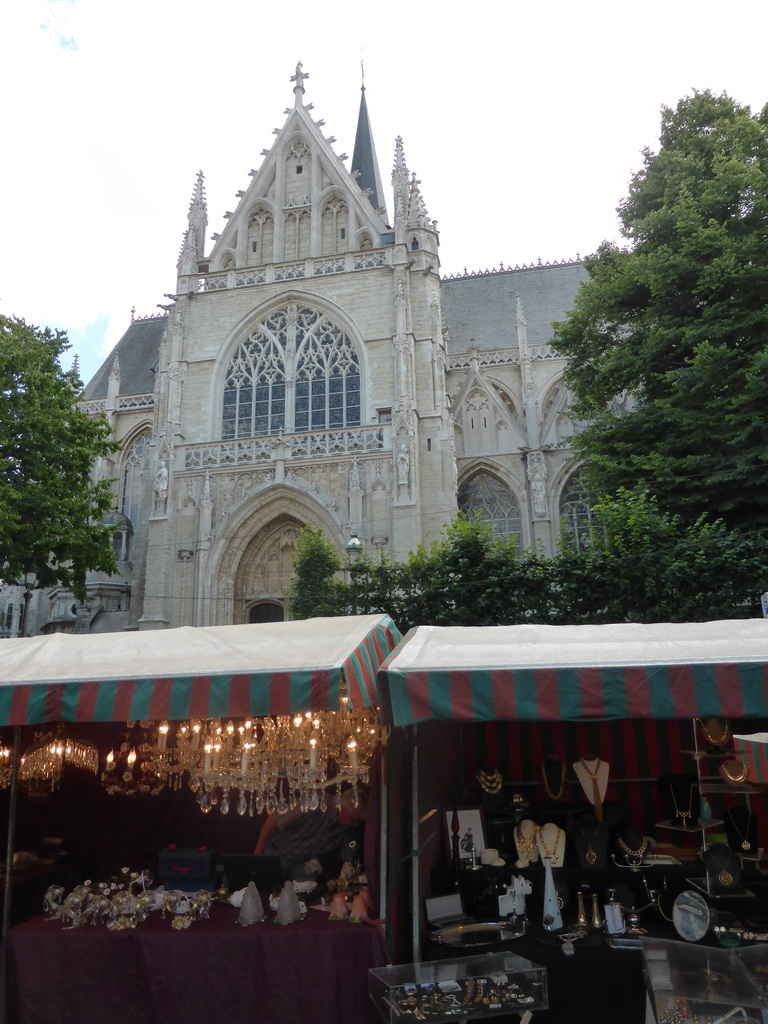 Market at the Place du Grand Sablon square, and the Église Notre-Dame du Sablon church