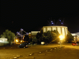 The Atomium and fireworks, viewed from near the Stade Roi Baudouin stadium, by night