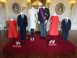 Clothing from the coronation of King Philippe, in the Small White Drawing Room of the Royal Palace of Brussels