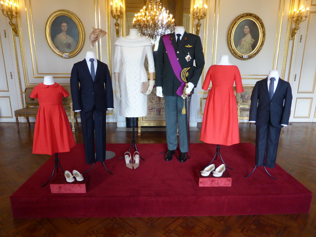 Clothing from the coronation of King Philippe, in the Small White Drawing Room of the Royal Palace of Brussels