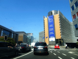 Front of the Berlaymont and Justus Lipsius buildings of the European Commission at the Schuman Roundabout, viewed from the car