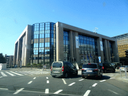 Front of the Justus Lipsius building of the European Commission at the Schuman Roundabout, viewed from the car