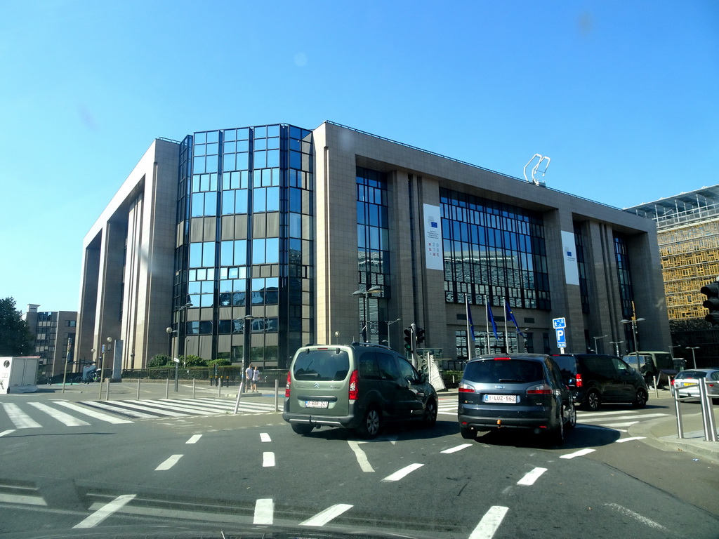 Front of the Justus Lipsius building of the European Commission at the Schuman Roundabout, viewed from the car