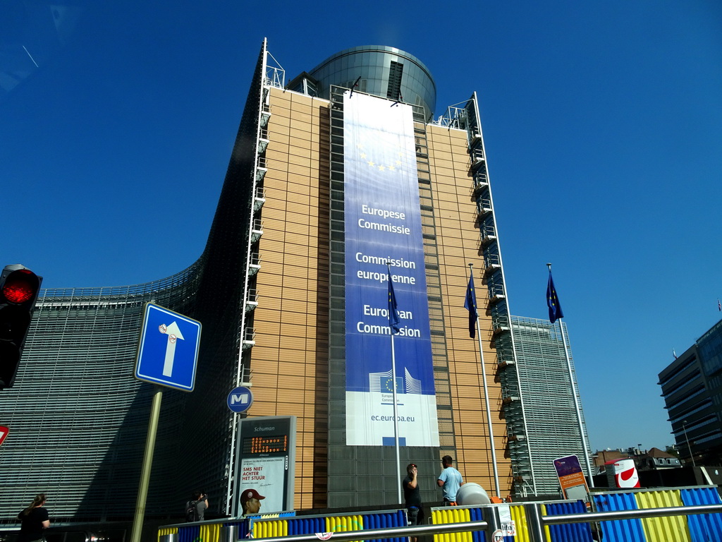 Front of the Berlaymont building of the European Commission at the Schuman Roundabout, viewed from the car