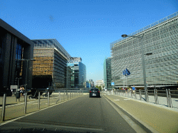 Front of the Berlaymont, Justus Lipsius and Europa buildings of the European Commission at the Rue de la Loi street, viewed from the car