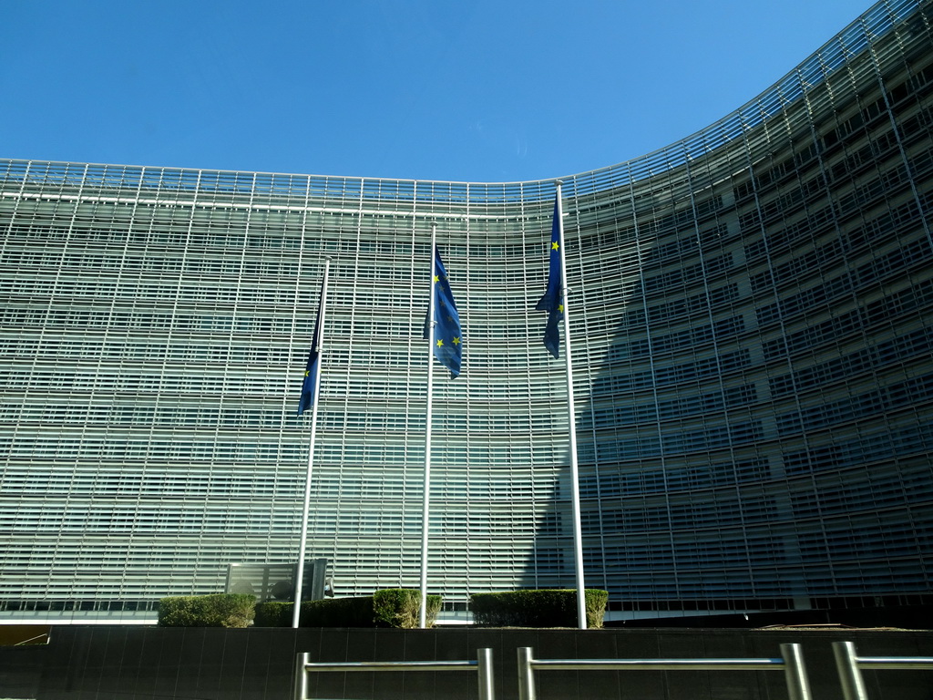 Front of the Berlaymont building of the European Commission at the Rue de la Loi street, viewed from the car