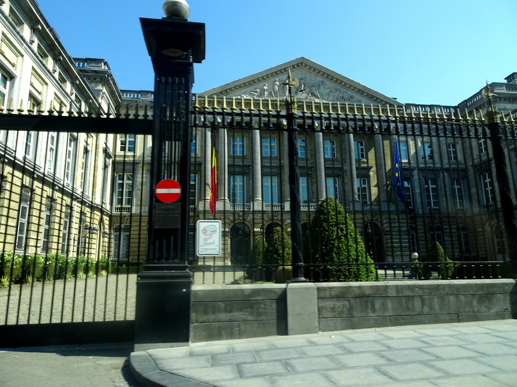 Front of the Chamber of Representatives at the Place de la Nation square, viewed from the car on the Rue de la Loi street