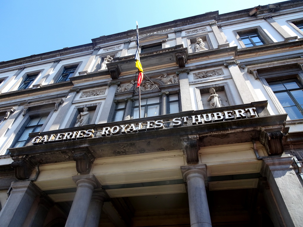 Facade of the Galeries Royales Saint-Hubert shopping arcade at the Rue du Marché aux Herbes street