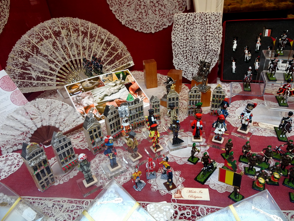 Statuettes and other souvenirs in the window of a shop at the Galeries Royales Saint-Hubert shopping arcade