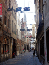 The Petite Rue des Bouchers street and the tower of the Town Hall