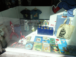 Tintin comics and items in the window of the Moule à Gaufres store at the Rue de l`Etuve street