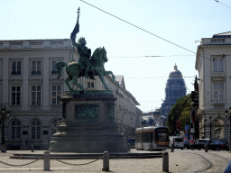 The equestrian statue of Godfrey of Bouillon at the Place Royale square and the dome of the Law Courts of Brussels