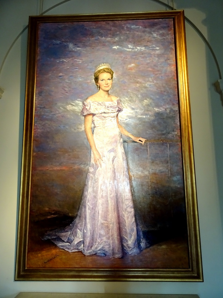 Portrait of Queen Mathilde in the lobby of the Royal Palace of Brussels