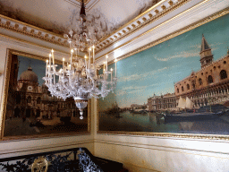 Paintings and chandeleer at the Venice Staircase of the Royal Palace of Brussels