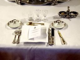 Royal tableware and menu on the banquet table at the Throne Room of the Royal Palace of Brussels