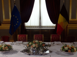 Banquet table at the Throne Room of the Royal Palace of Brussels, with the European and Belgian flags