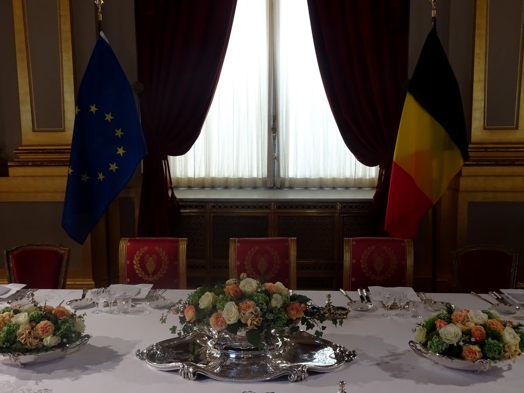 Banquet table at the Throne Room of the Royal Palace of Brussels, with the European and Belgian flags