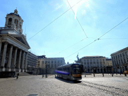 The Place Royale square with the Saint Jacques-sur-Coudenberg church, the equestrian statue of Godfrey of Bouillon, a tram and the dome of the Law Courts of Brussels