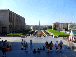 The Mont des Arts hill with the Equestrian statue of King Albert I, the Royal Library of Belgium and the Maison de la Dynastie building, and the tower of the Town Hall