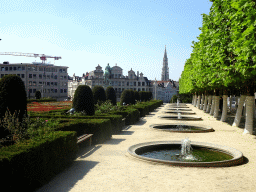 The Mont des Arts hill with fountains and the Equestrian statue of King Albert I, and the tower of the Town Hall