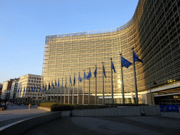 European flags in front of the Berlaymont building of the European Commission at the Boulevard Charlemagne