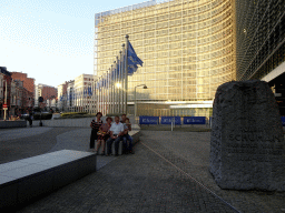 Tim, Miaomiao, Max and Miaomiao`s parents at the Robert Schuman Monument and the Berlaymont building of the European Commission at the Boulevard Charlemagne