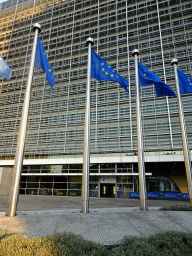 European flags in front of the Berlaymont building of the European Commission at the Boulevard Charlemagne