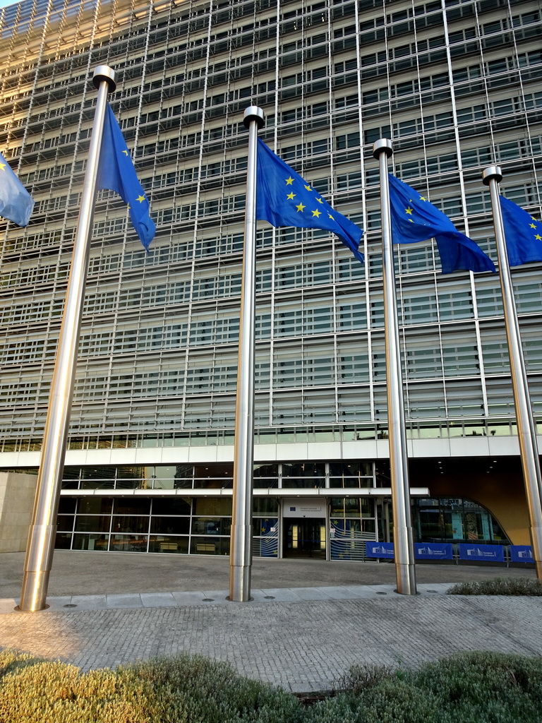 European flags in front of the Berlaymont building of the European Commission at the Boulevard Charlemagne